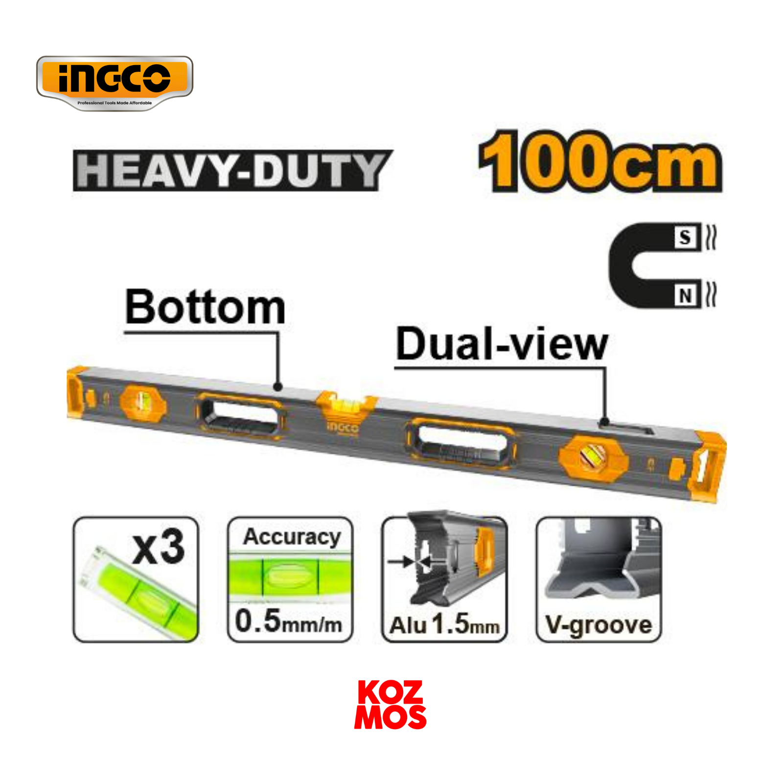İngco hsl68100 su terazisi mıknatıslı ağır hizmet tipi 100cm